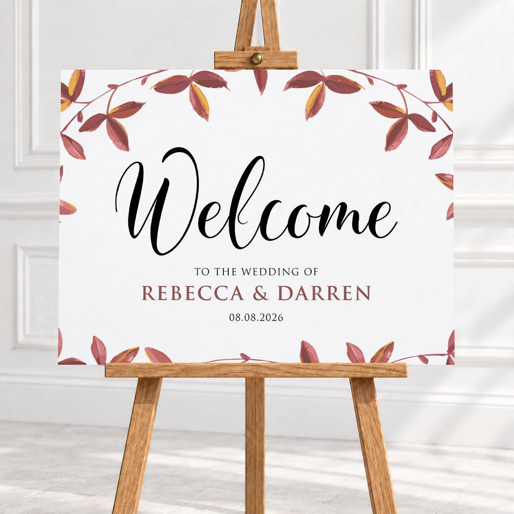 Personalised Autumnal Foliage Wedding Welcome Sign – 16 × 24″ or 24 × 26″