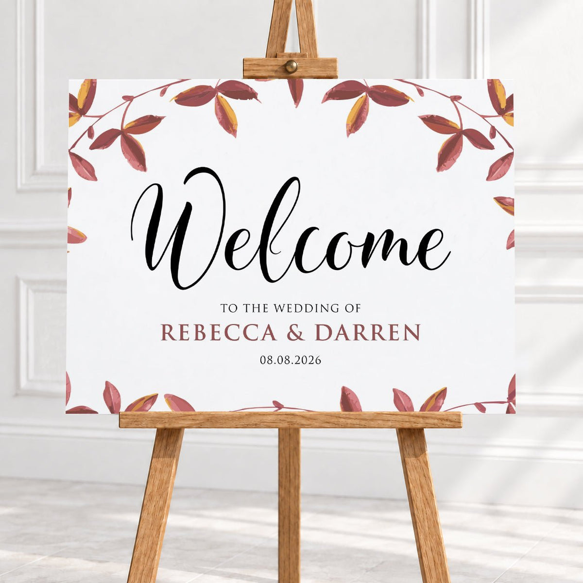 Personalised Autumnal Foliage Wedding Welcome Sign – 16 × 24″ or 24 × 26″