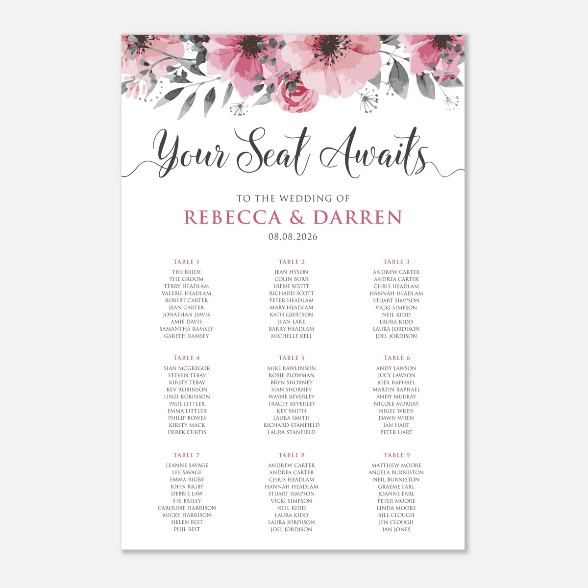 A wedding seating chart print with a watercolor floral header in pink, burgundy, and green, reading 'Your Seat Awaits' and listing 9tables for the wedding of Rebecca and Dar ren.