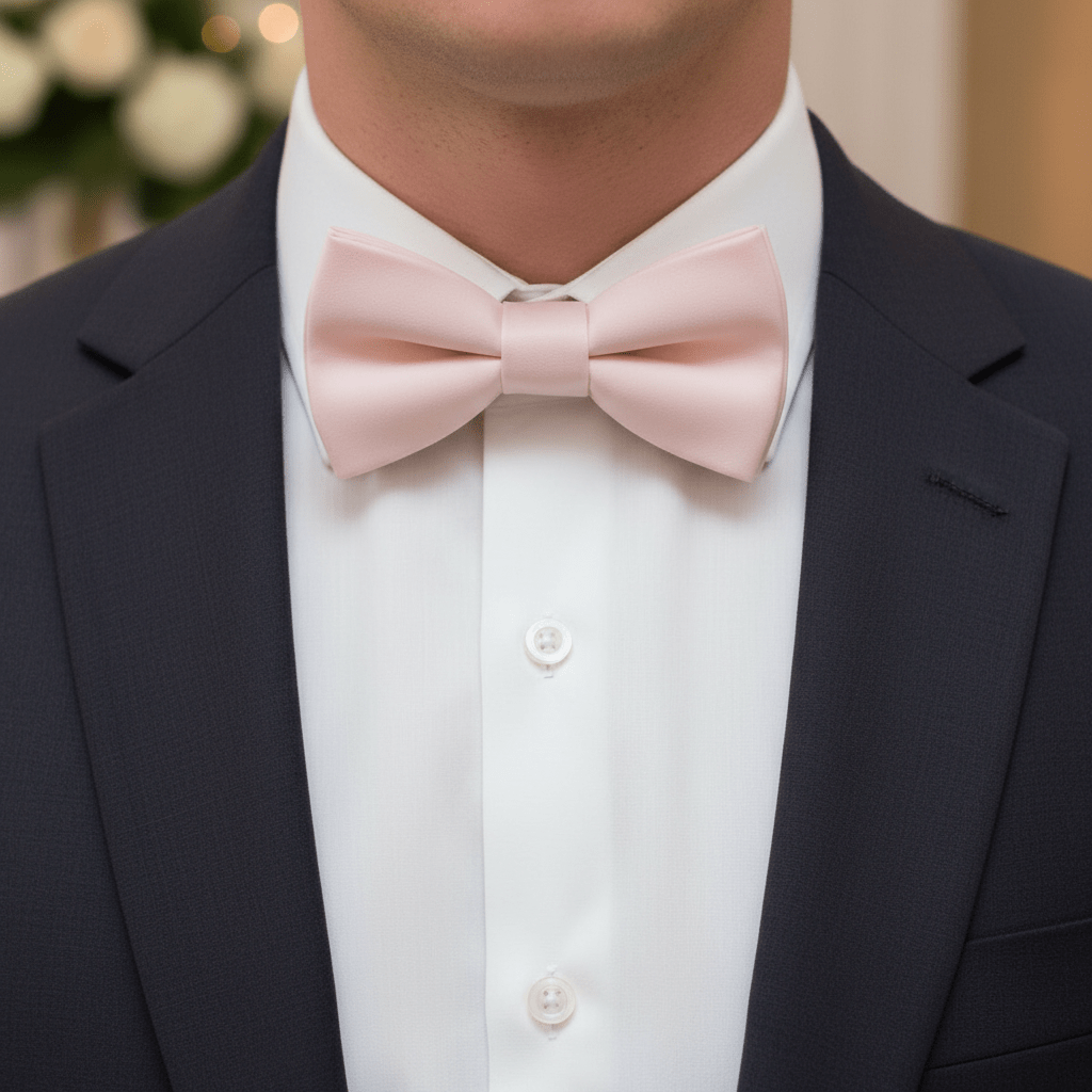 Person wearing a black suit with a white shirt and pink bow tie.