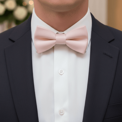 Person wearing a black suit with a white shirt and pink bow tie.