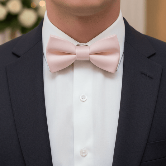 Person wearing a black suit with a white shirt and pink bow tie.