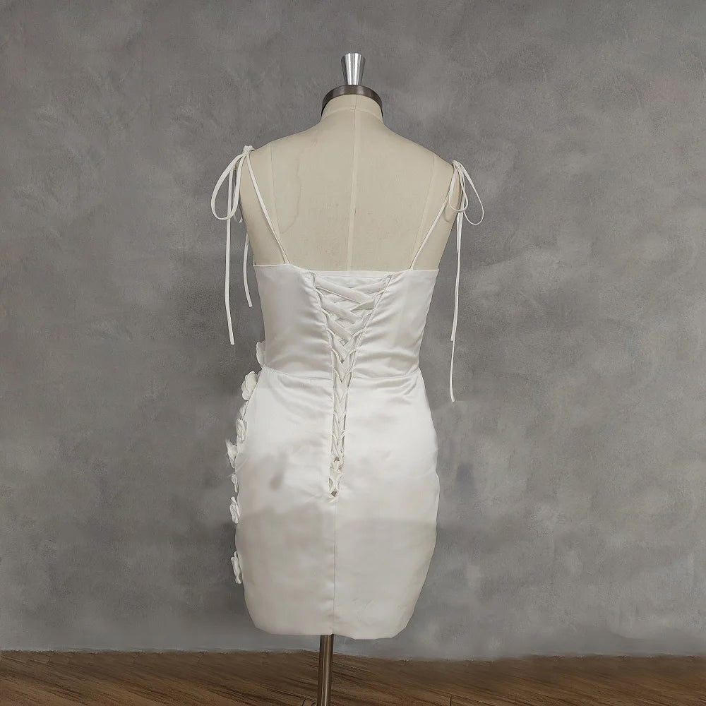 back of Modern Short Satin Sleeveless Wedding Dress on a mannequin