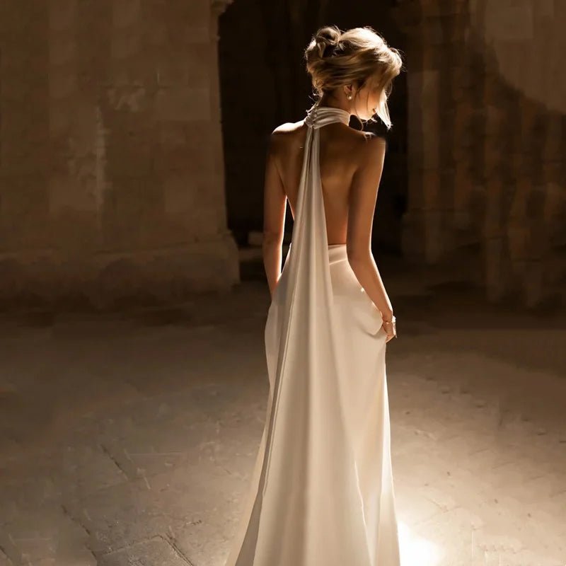 back of bride wearing Elegant Satin Halter Neck Wedding Dress