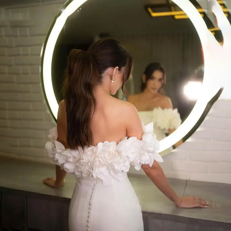 back view of bride in mirror wearing Satin Mid-calf Length Off-The-Shoulder Wedding Dress