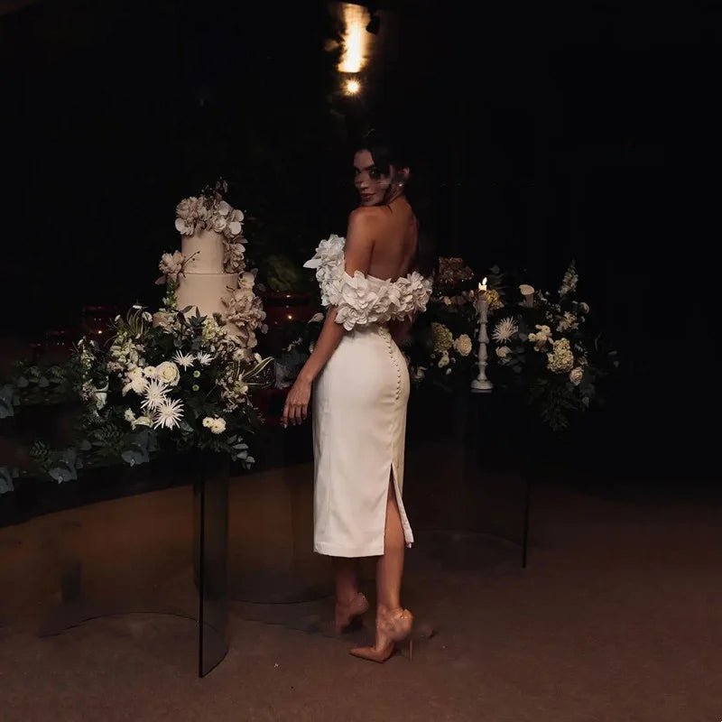 back view of bride standing outside wearing Satin Mid-calf Length Off-The-Shoulder Wedding Dress