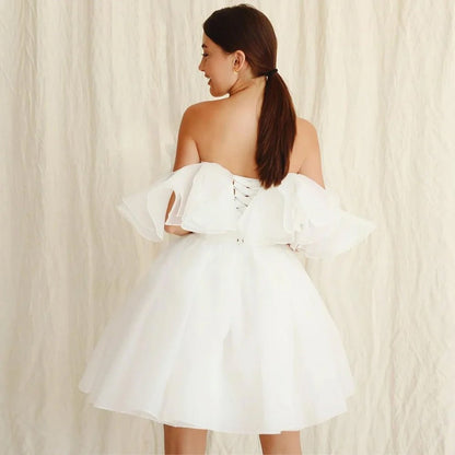 back view of bride wearing Short Off-The-Shoulder Boho Wedding Dress