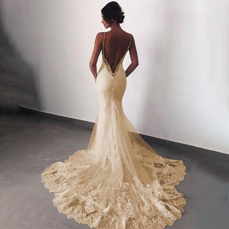 back view of bride wearing a Champagne Elegant Vintage Backless Lace Mermaid Wedding Dress