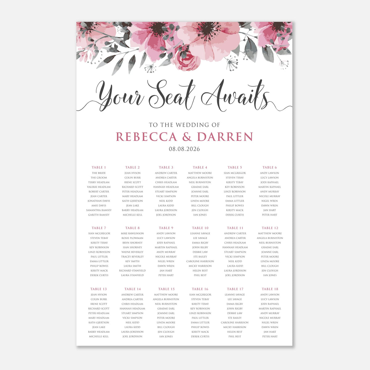 A wedding seating chart print with pink floral watercolor artwork at the top, the text 'Your Seat Awaits' in black script, and 18 table listings for Rebecca and Darren's wedding below on a white background.