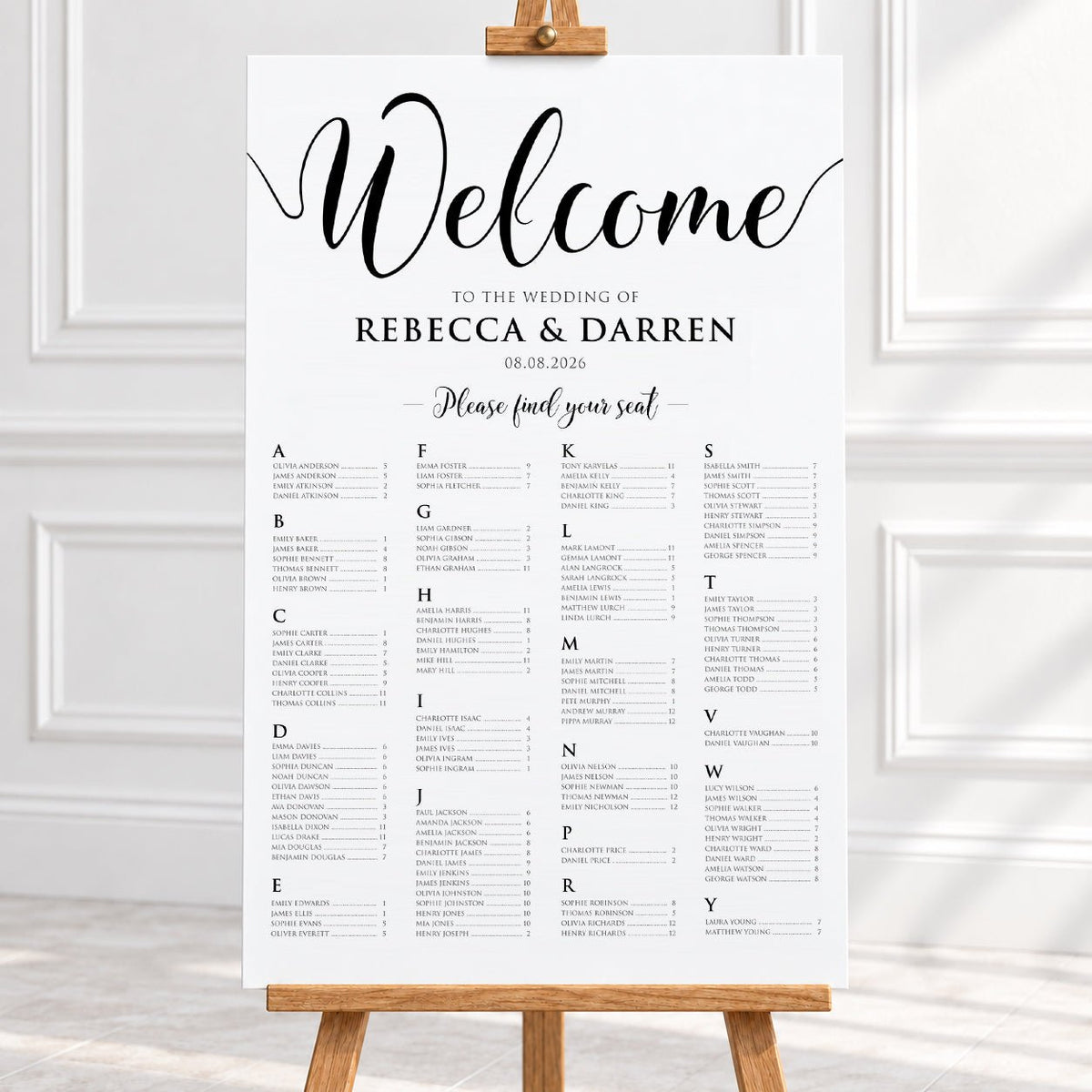Black & White Alphabetical Wedding Seating Chart – Personalised 24 × 36″
