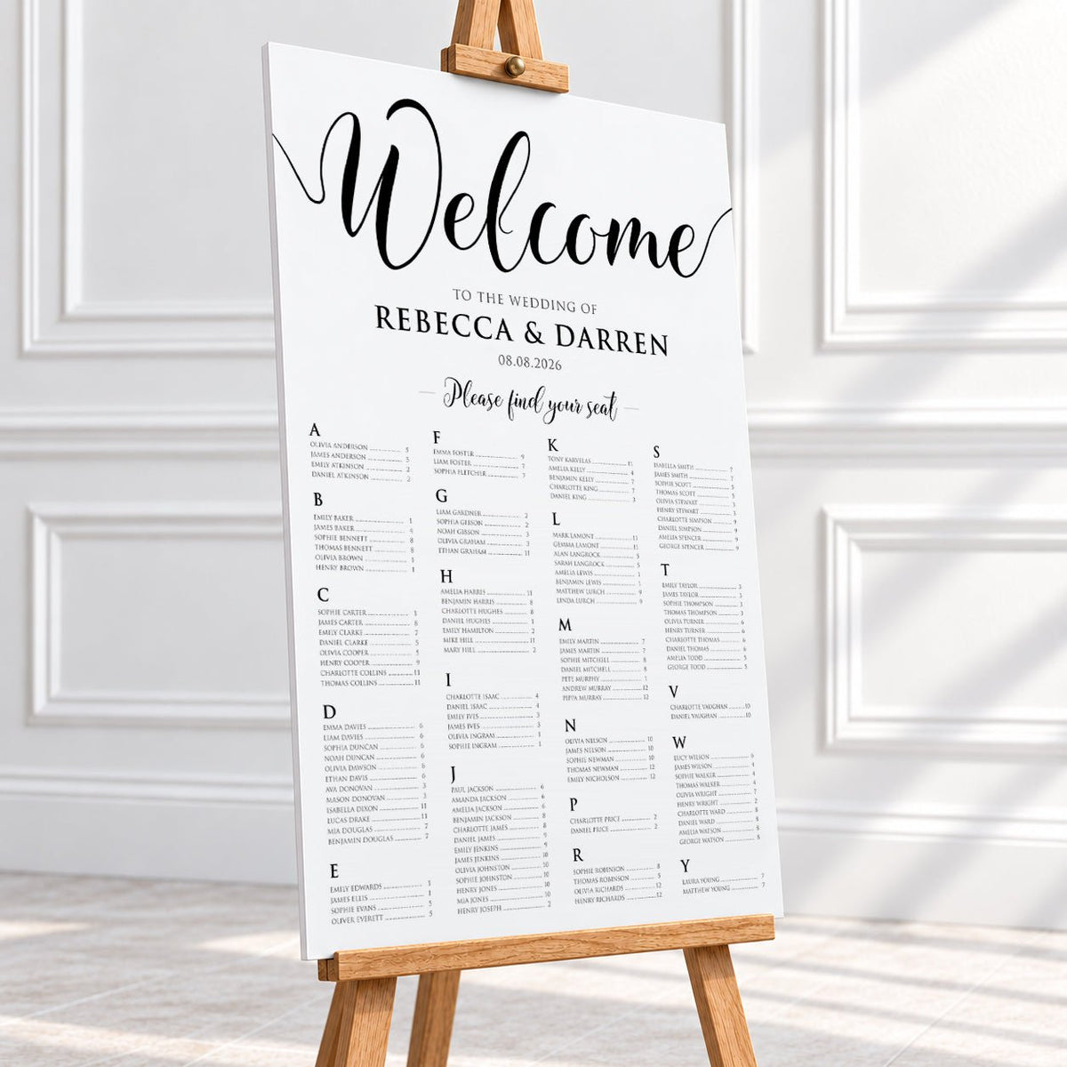 Black & White Alphabetical Wedding Seating Chart – Personalised 24 × 36″