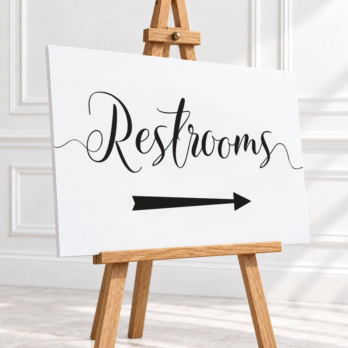 Black & White Restrooms Arrow Sign – 12 × 16″ or 16 × 24″