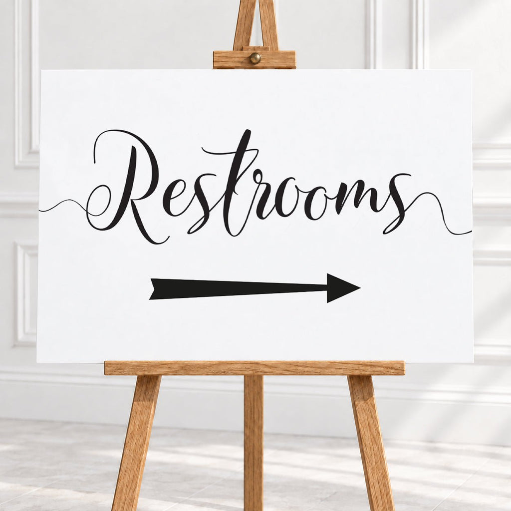 Black & White Restrooms Arrow Sign – 12 × 16″ or 16 × 24″