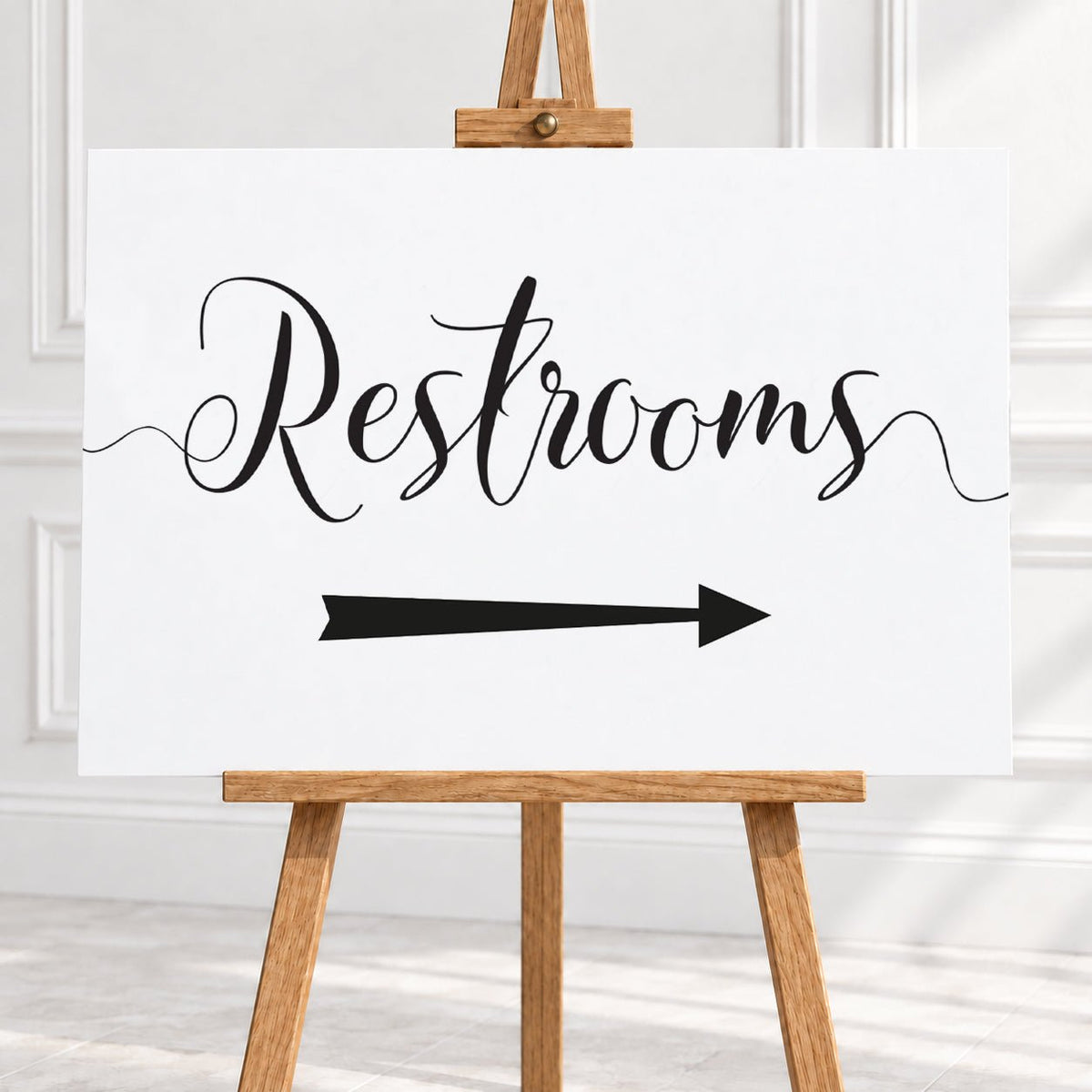 Black & White Restrooms Arrow Sign – 12 × 16″ or 16 × 24″