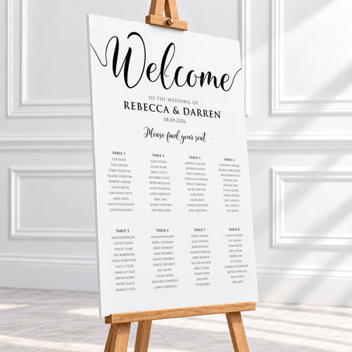 24x36″ Black & White Wedding Seating Chart printed on 5mm foam board