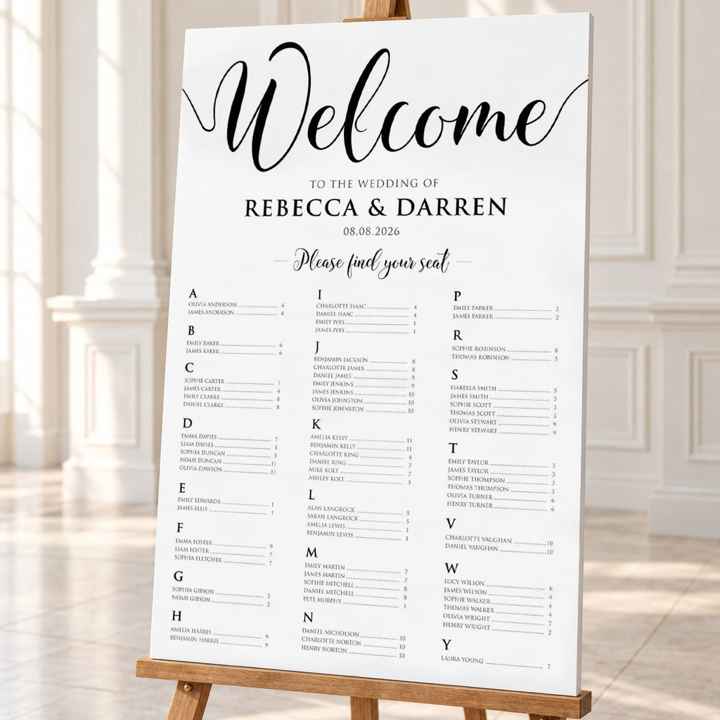 Black & White Alphabetical Wedding Seating Chart – Personalised 24 × 36″ Foamboard - We Do Bou