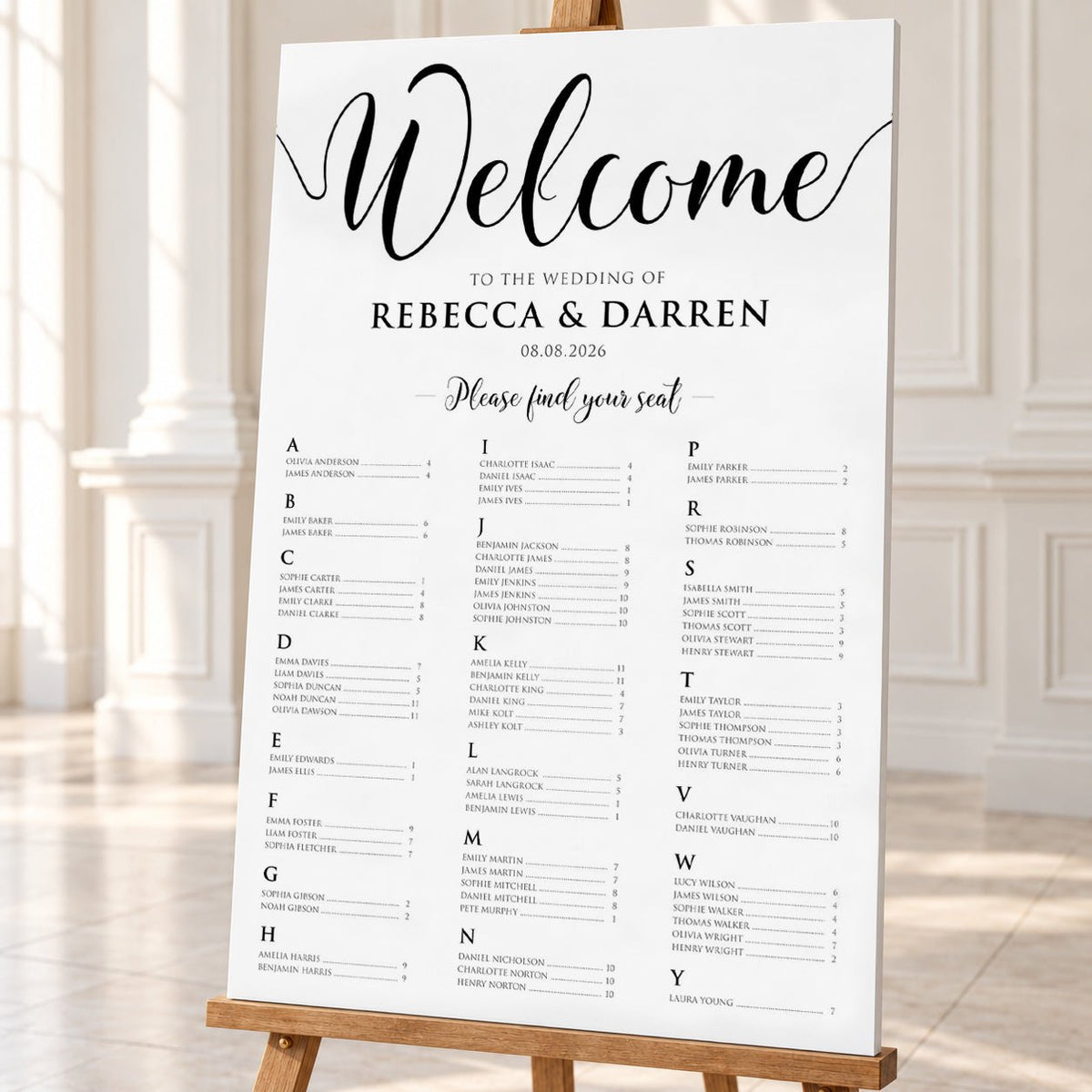 Black & White Alphabetical Wedding Seating Chart – Personalised 24 × 36″ Foamboard - We Do Bou