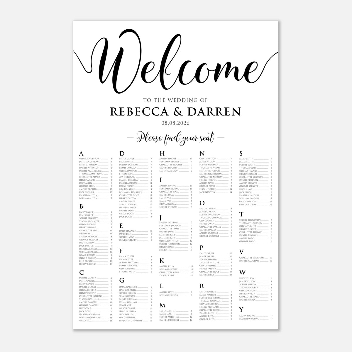 A vertical wedding welcome seating chart print with elegant black script reading 'Welcome' and a list of names organized in alphabet columns, shown on a light gray background.