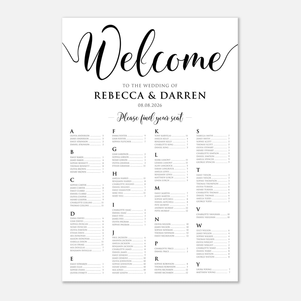 A wedding welcome seating chart print with elegant black script and serif typography on a white card, shown centered on a light gray background.