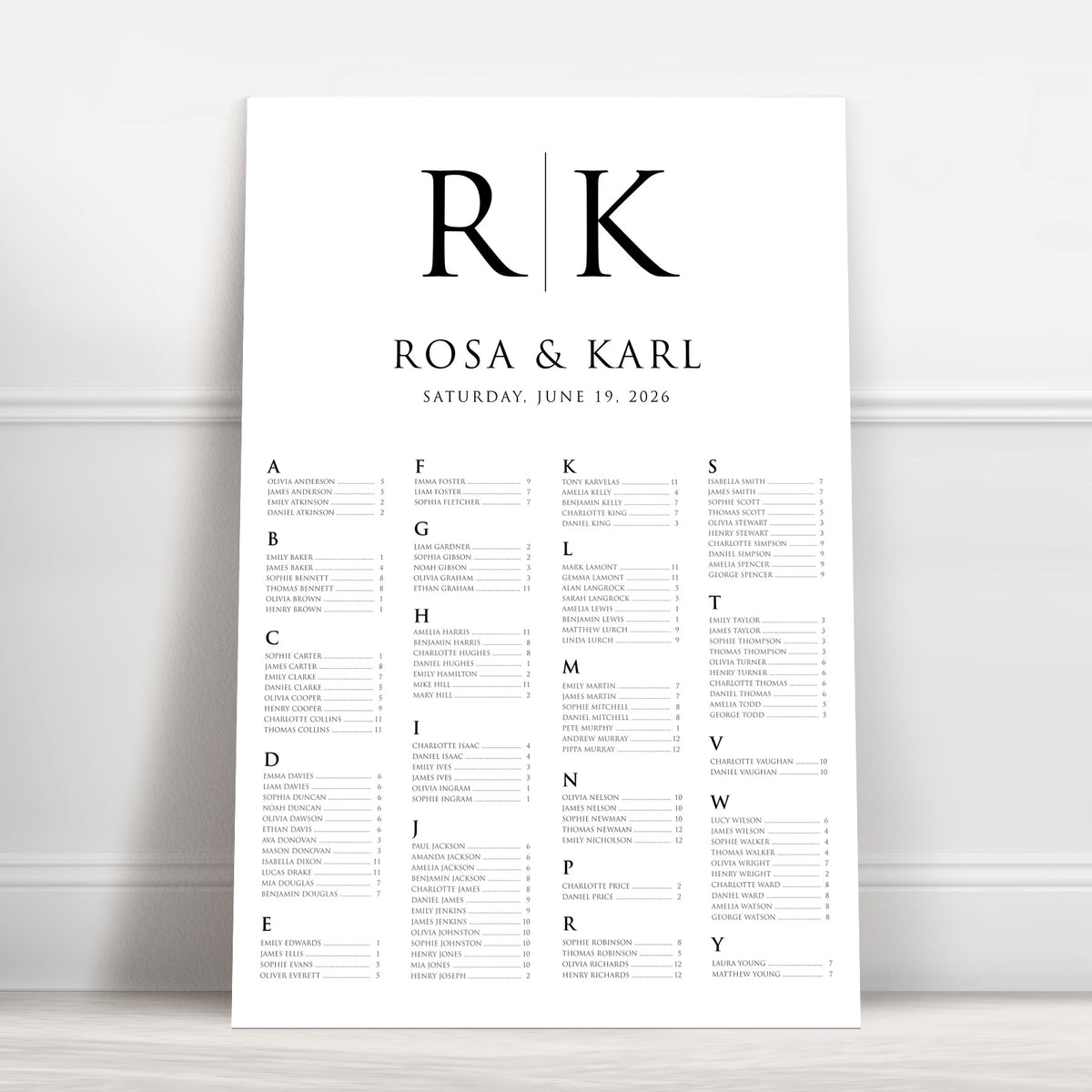 Personalised Black & White Monogram Wedding Seating Chart – 24 × 36″ Foamboard