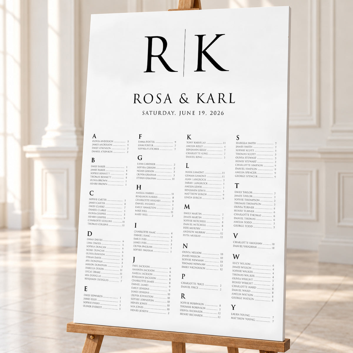Personalised Black & White Monogram Wedding Seating Chart – 24 × 36″ Foamboard