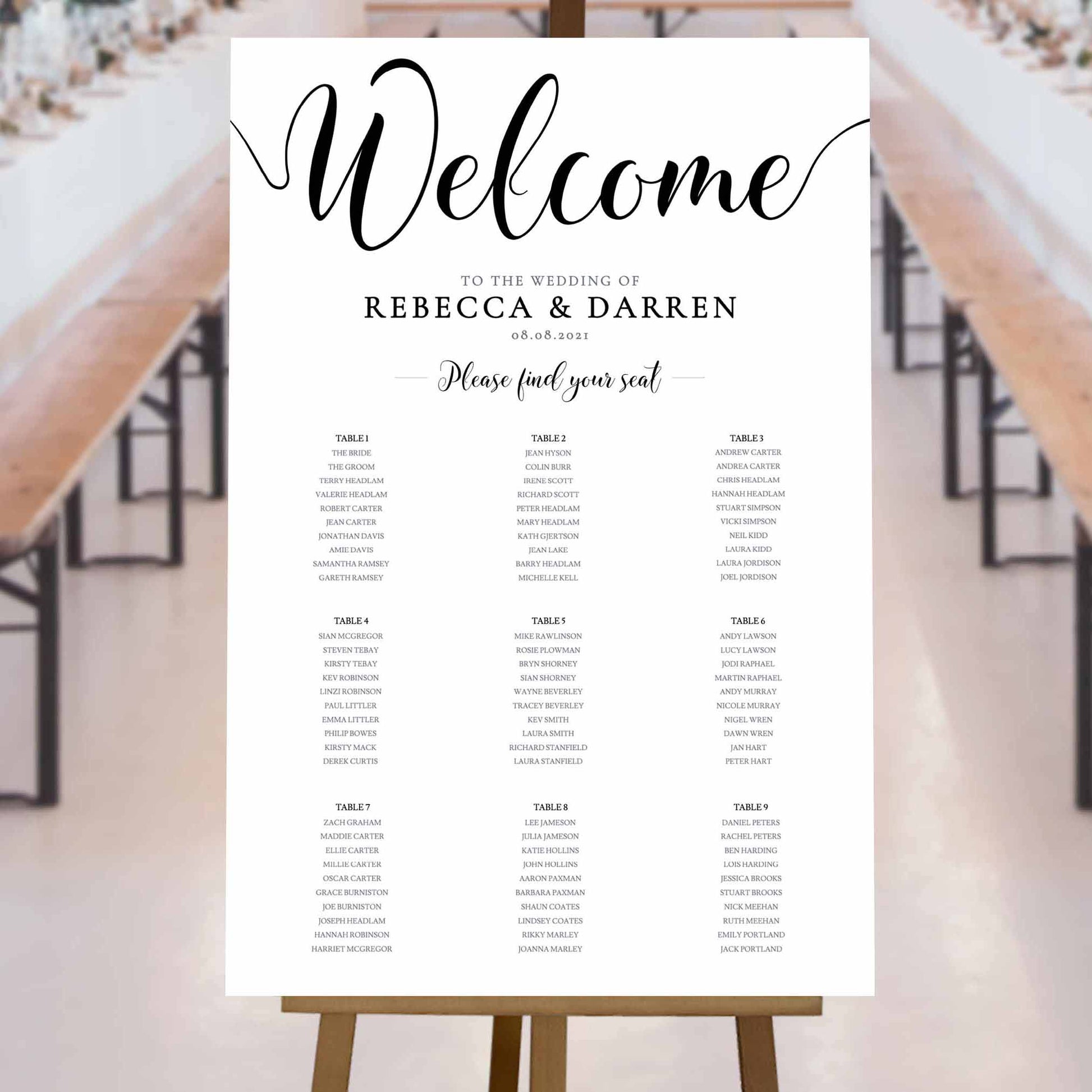 black and white rustic 9 table wedding seating chart template