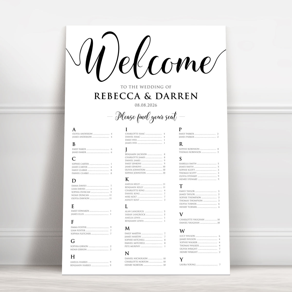 Black & White Alphabetical Wedding Seating Chart – Personalised 24 × 36″ Foamboard