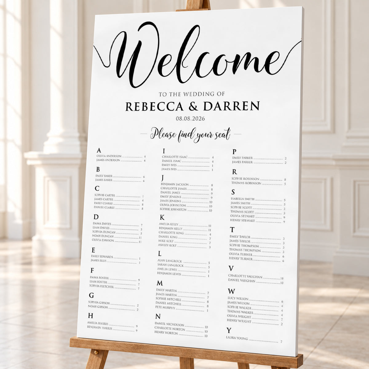 Black & White Alphabetical Wedding Seating Chart – Personalised 24 × 36″ Foamboard