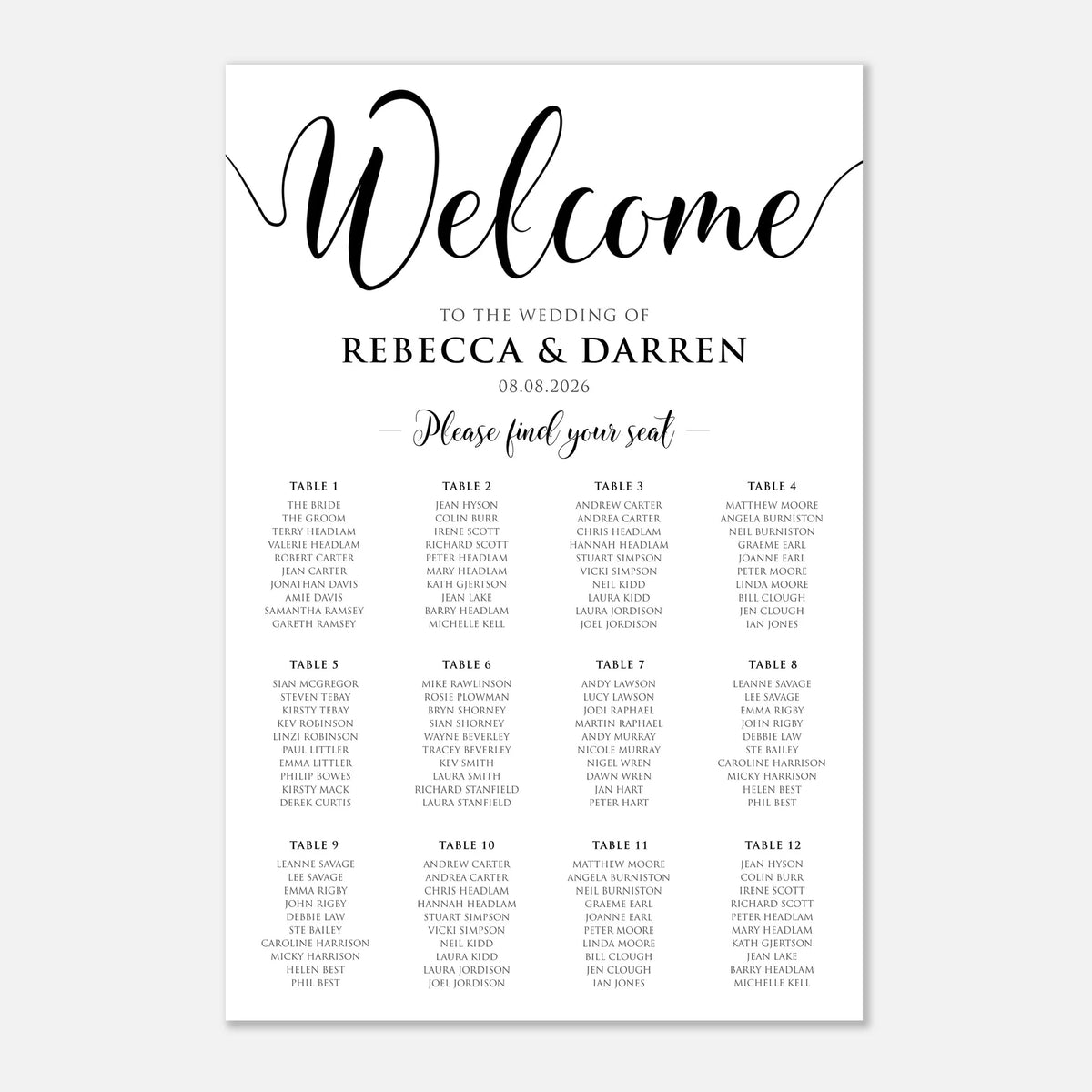 A wedding welcome seating chart print with elegant black script and serif text on a white background, showing table arrangements for the wedding of Rebecca & Darren on 08.08.