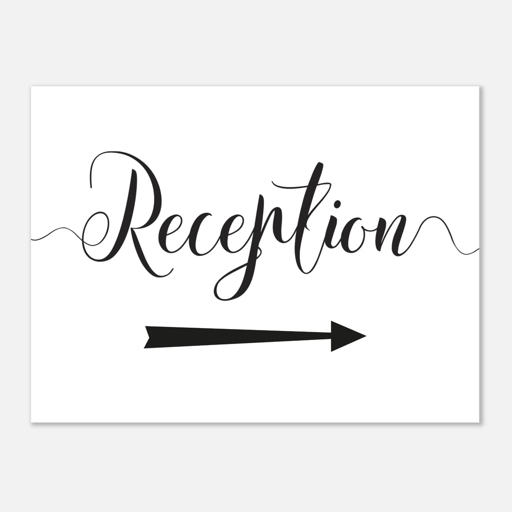 A white rectangular sign with black script reading 'Reception' and a black arrow pointing right, shown on a light gray background.