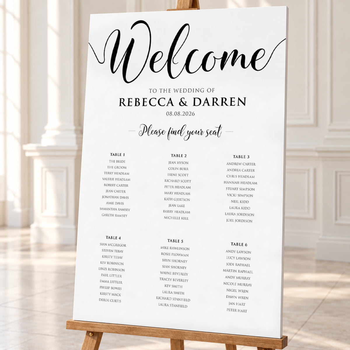 Black & White Minimalist Wedding Seating Chart - Personalised 24x36″ Foamboard