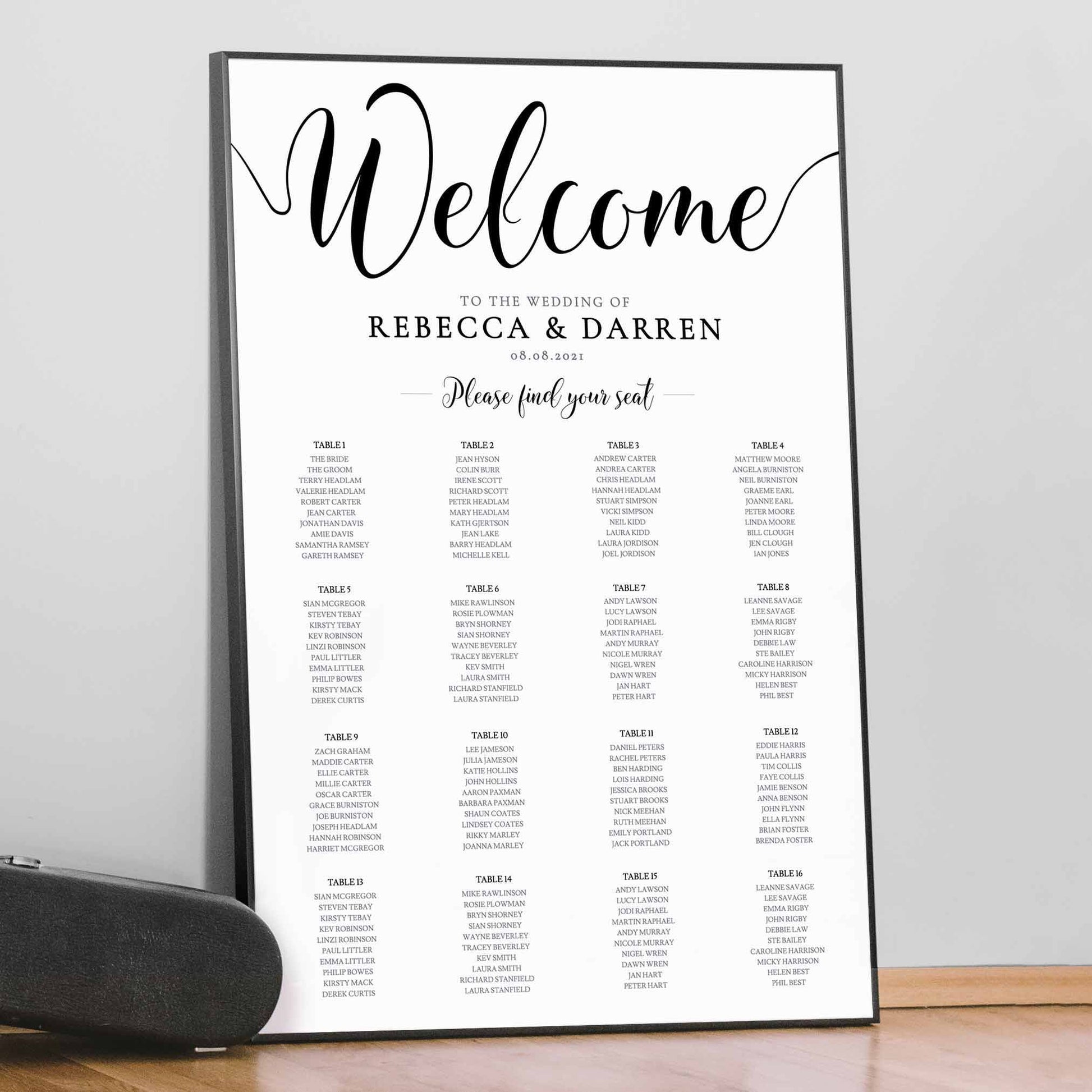 black wedding table plan with 16 tables