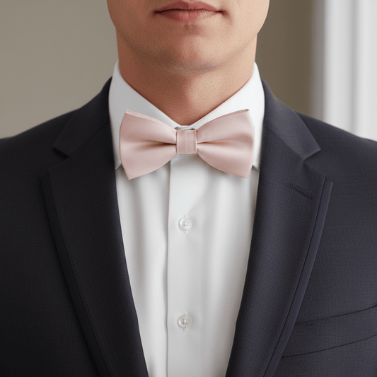 Man wearing a black suit with a white shirt and pink bow tie.