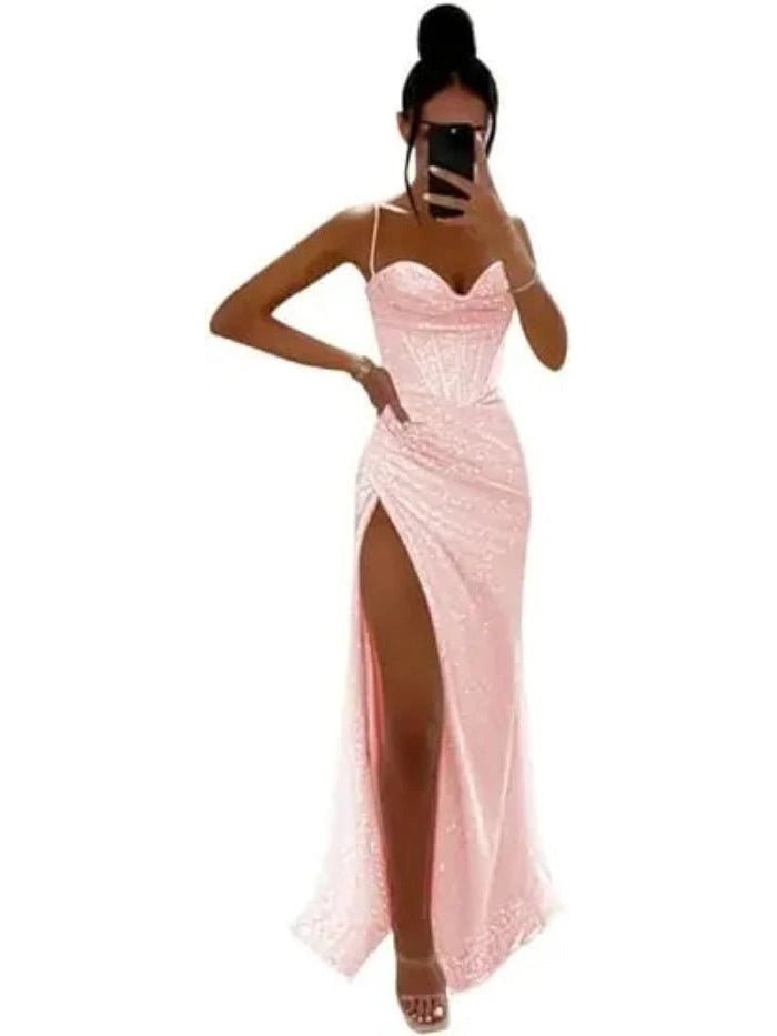 blush pink sequined thigh slit prom dress with spaghetti straps