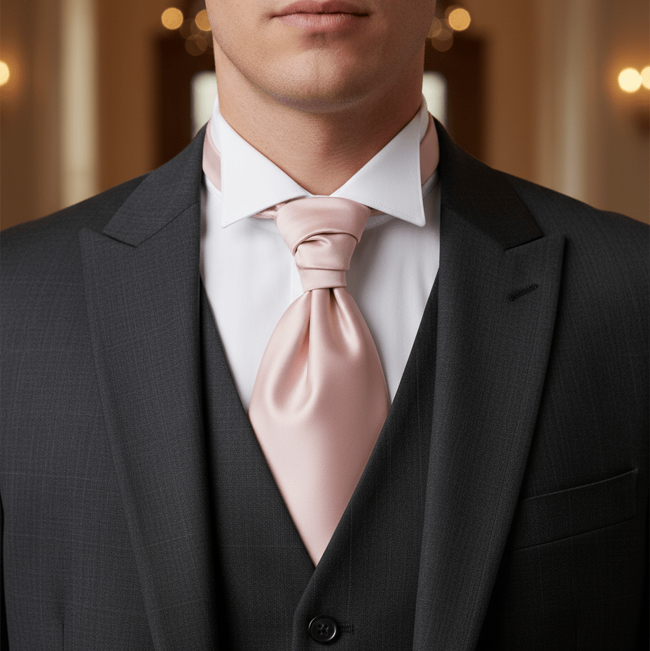 Man wearing a black suit with a white shirt and pink tie against a blurred background