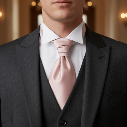 Man wearing a black suit with a white shirt and pink tie against a blurred background