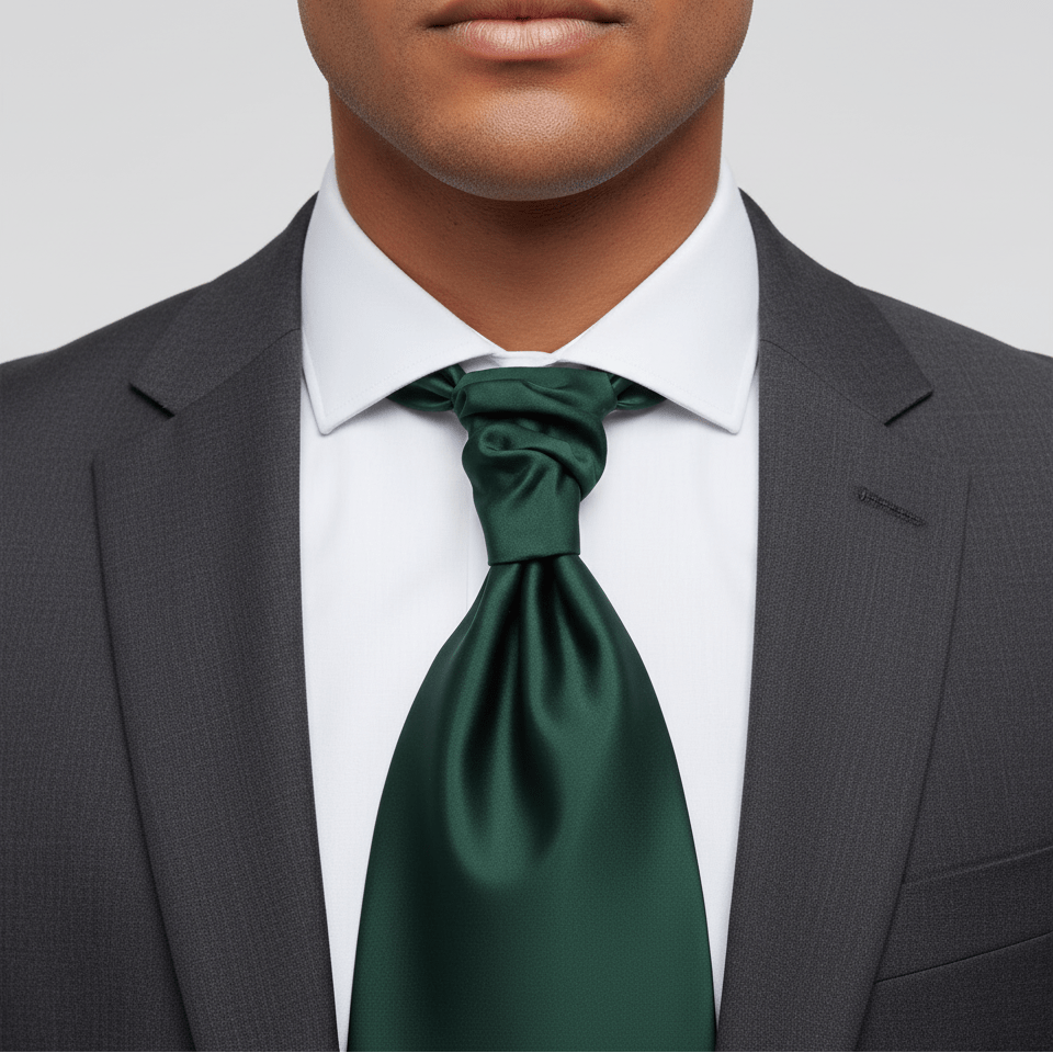 Man wearing a dark gray suit with a white shirt and green tie against a light gray background