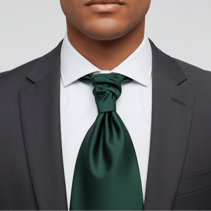 Man wearing a dark gray suit with a white shirt and green tie against a light gray background