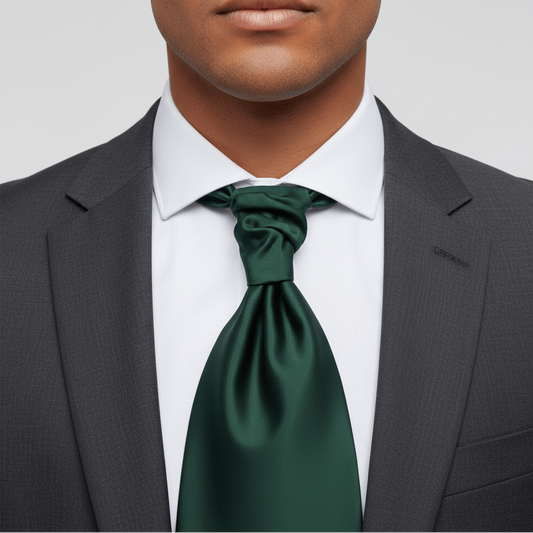 Man wearing a dark gray suit with a white shirt and green tie against a light gray background