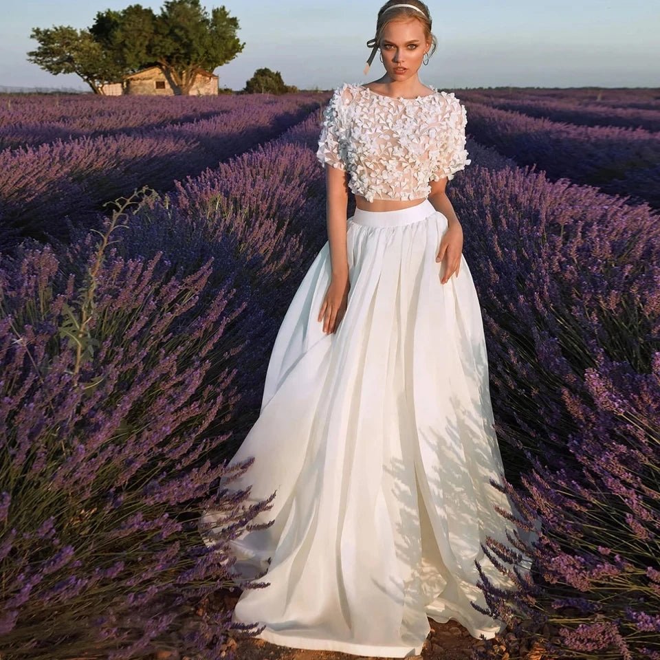 bride in a field wearing a Boho Two Piece Short Sleeve O-neck A-Line Wedding Dress