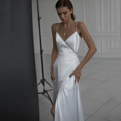 bride in photography studio wearing Simple Side Thigh Slit V-Neck Satin Wedding Dress