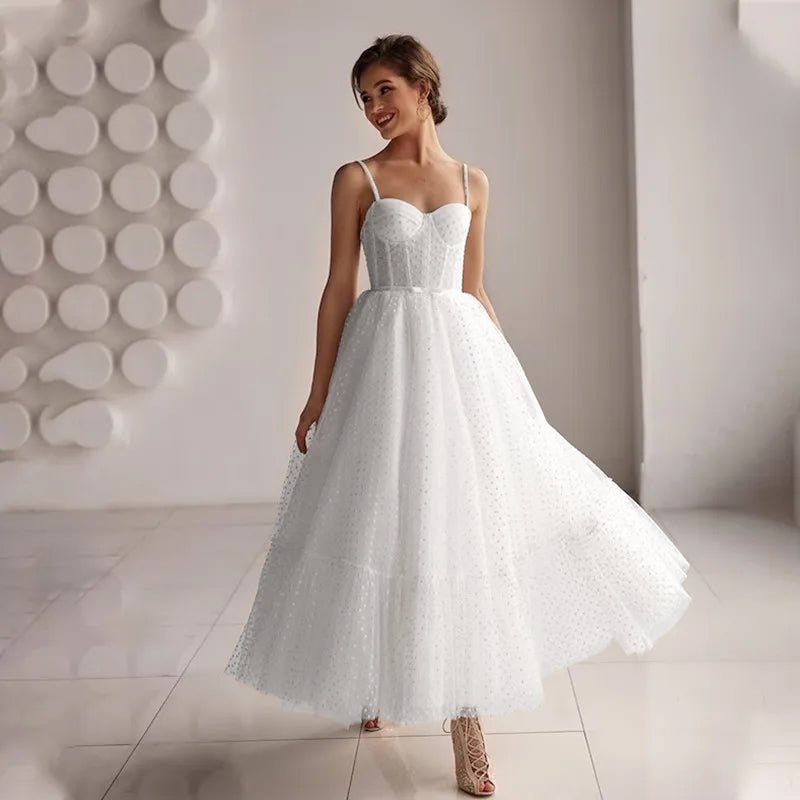 bride in a studio wearing a White Ankle Length Lace-Up Backless Wedding Dress