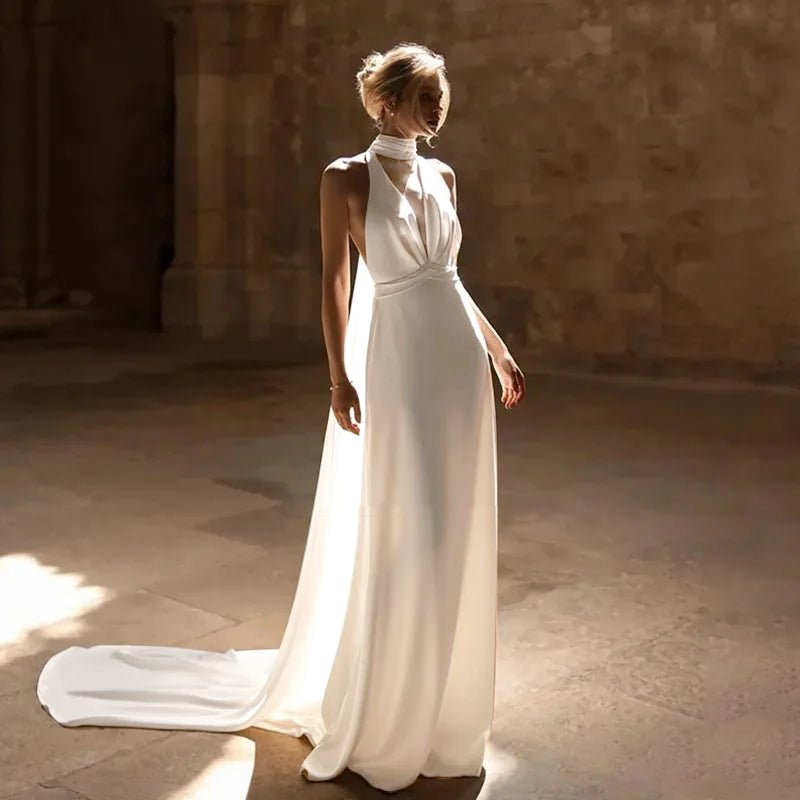 bride standing in church wearing a white Elegant Satin Halter Neck Wedding Dress