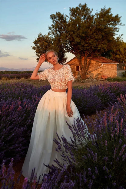 bride in the countryside wearing a Boho Two Piece Short Sleeve O-neck A-Line Wedding Dress