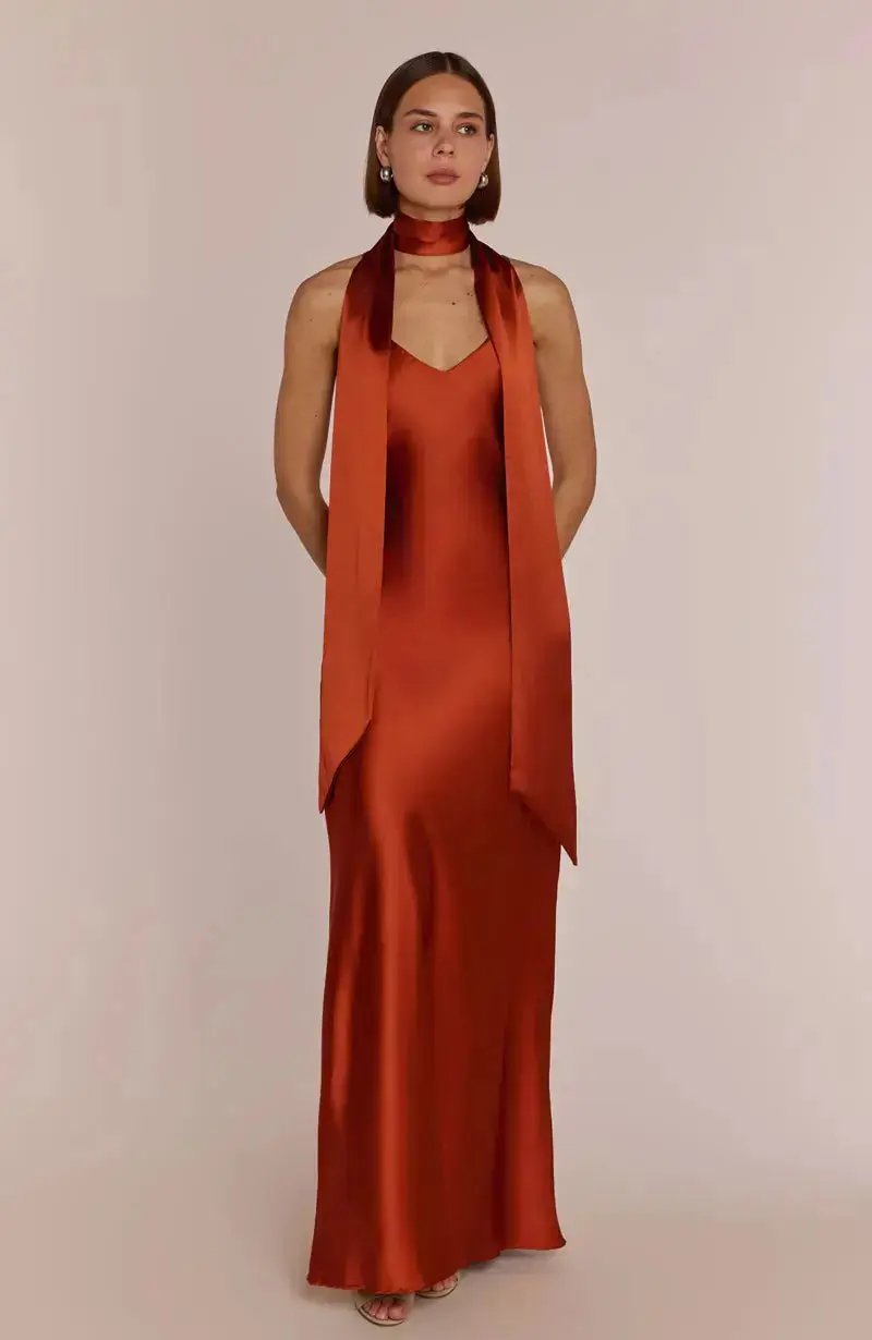 rust burnt orange dress Rewritten Brooklyn Bridesmaid Dress in Burnt Orange Satin – We Do Bou