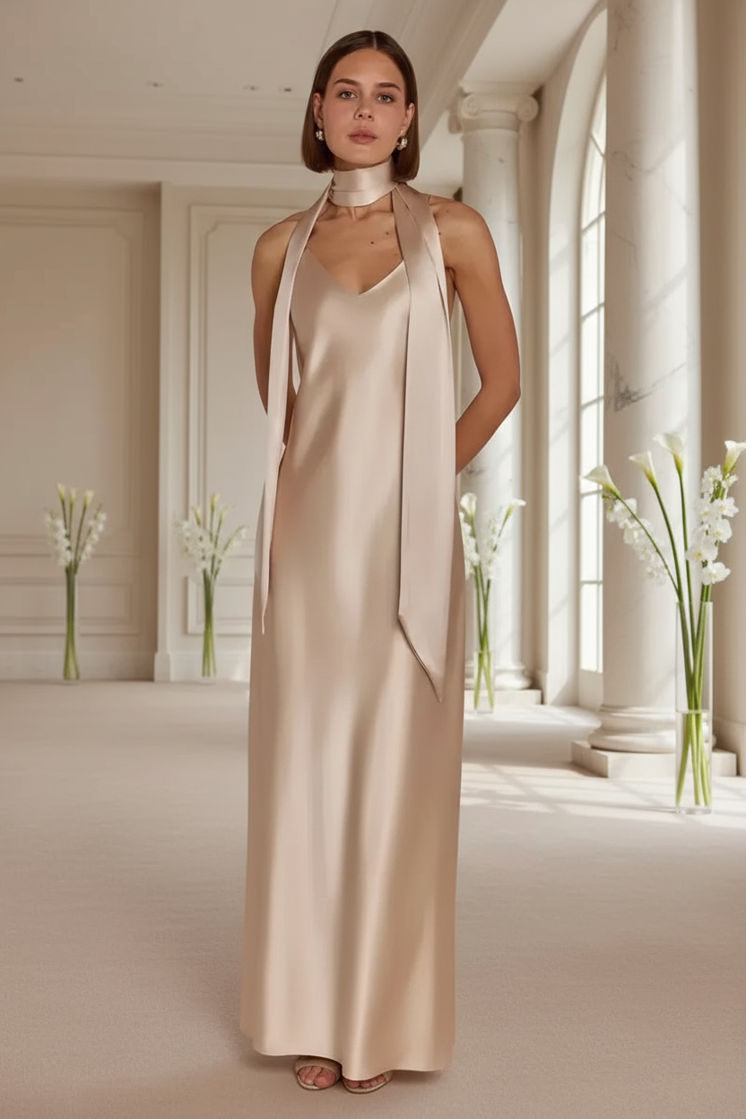 Bridesmaid wearing a champagne halter neck bridesmaid dress in a bright, elegant room at a fancy wedding venue with large windows.