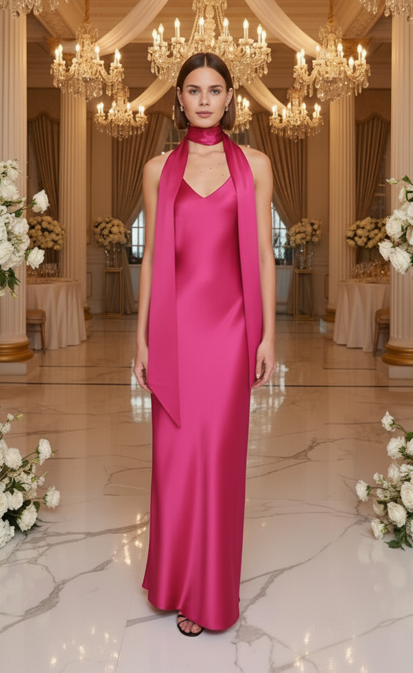 Woman in a pink dress standing in an elegant indoor setting with chandeliers and floral arrangements.