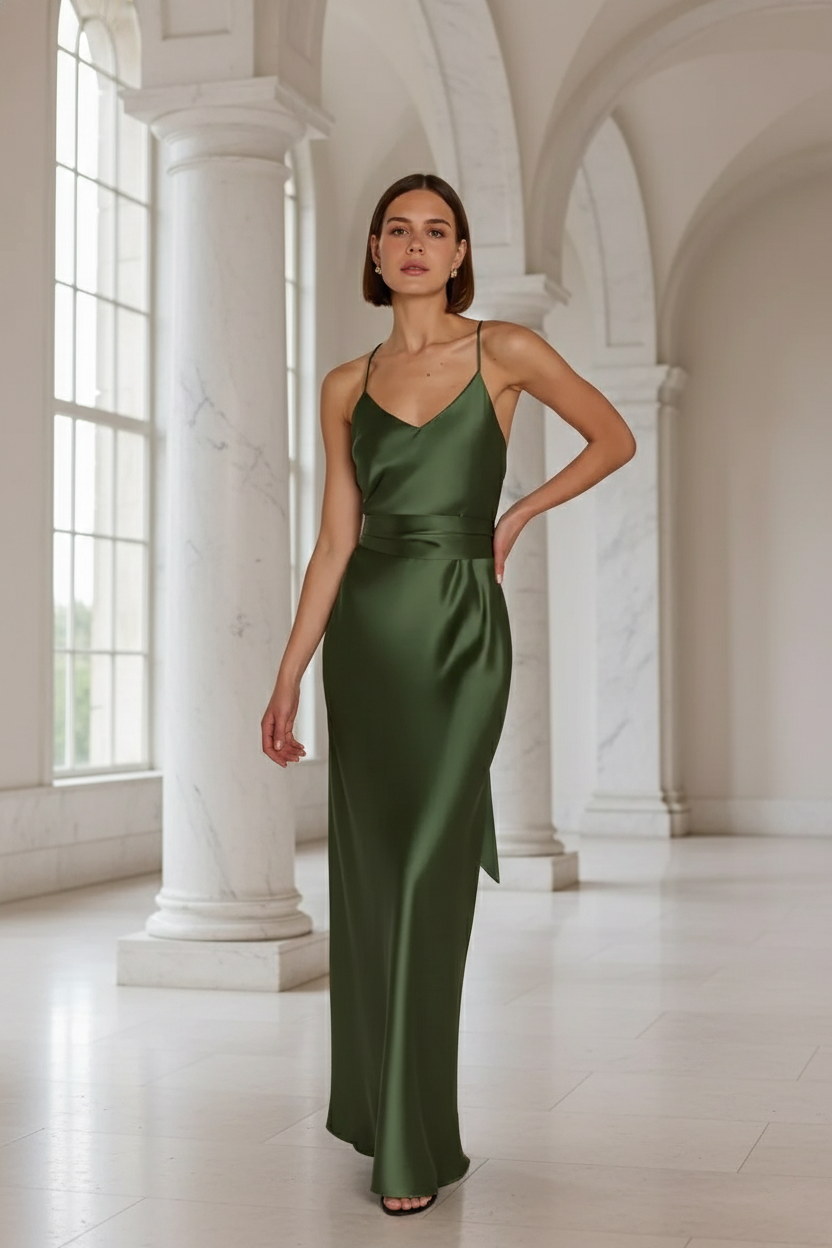 Bridesmaid wearing a dark olive green satin bridesmaid dress in an elegant wedding reception hall