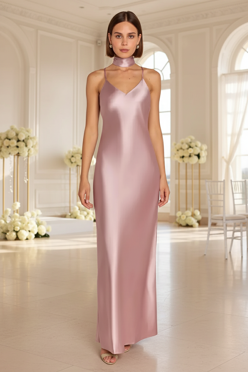 Bridesmaid wearing a rose baby pink satin dress in an elegant wedding reception venue with white walls and flowers.