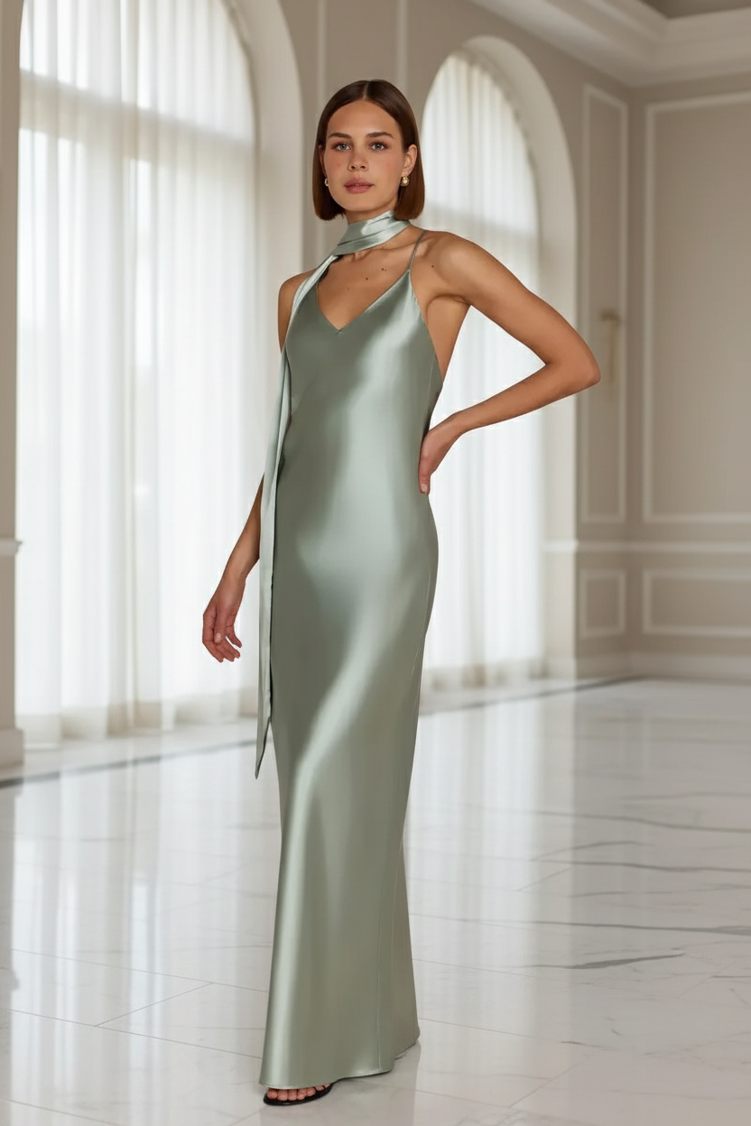 Bridesmaid wearing a long, light sage mint green satin dress in a bright room at a wedding hall venue with large windows.